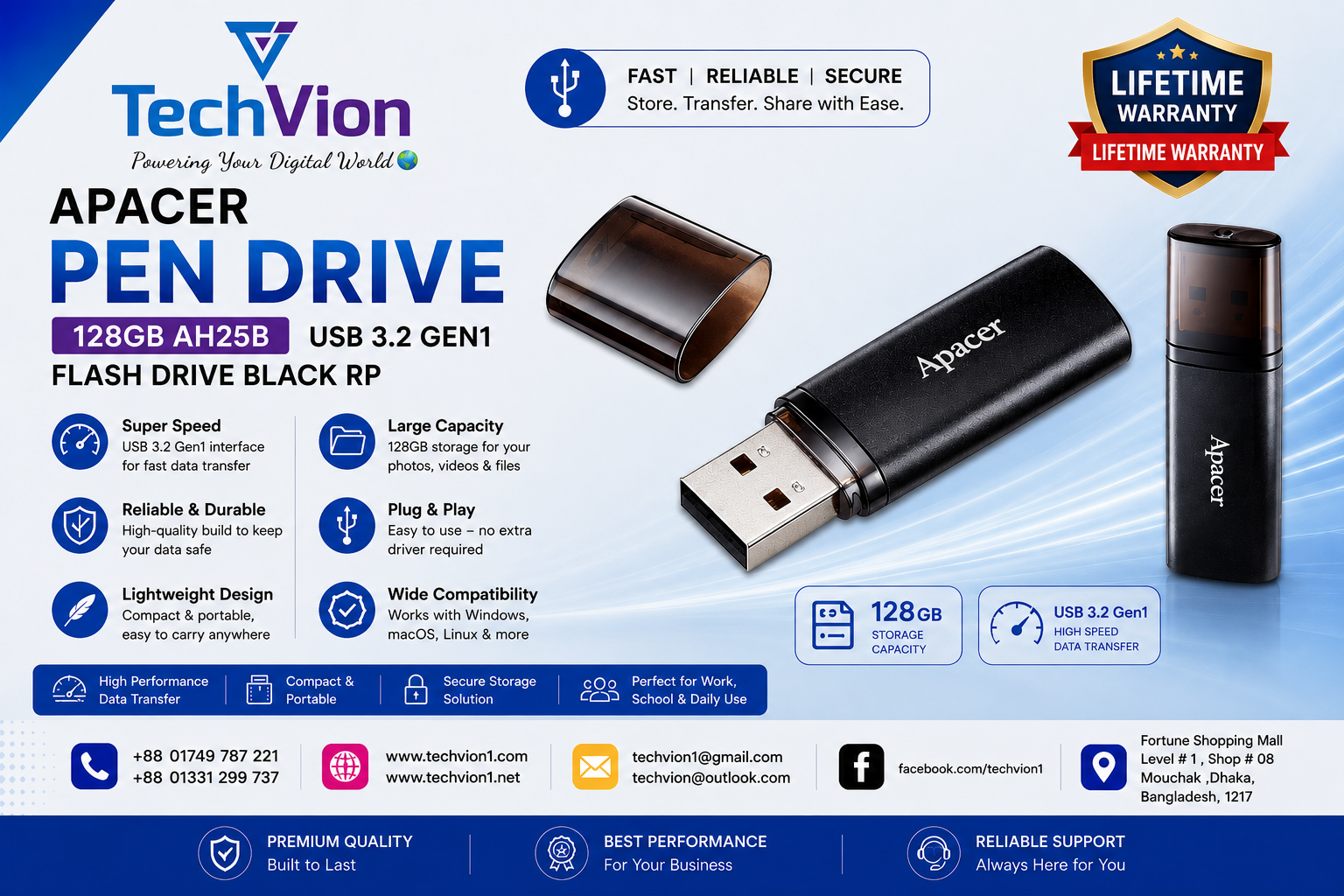 APACER | Pen Drive | 128GB AH25B | USB3.2 GEN1 FLASH DRIVE BLACK RP