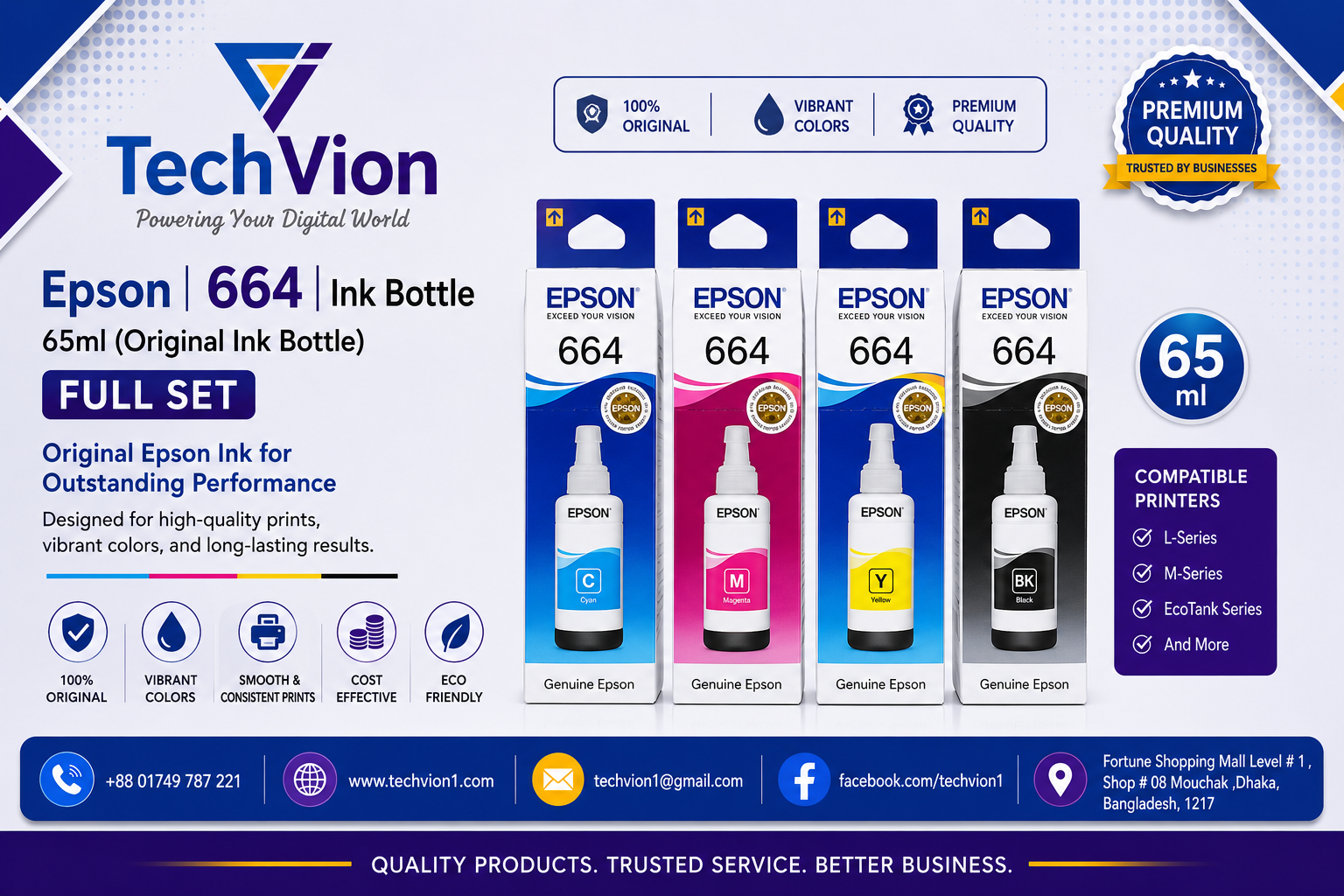 Epson | 664 | Ink Bottle 65ml (Original Ink Bottle) Black, Magenta, Yellow & Cyan - FULL SET