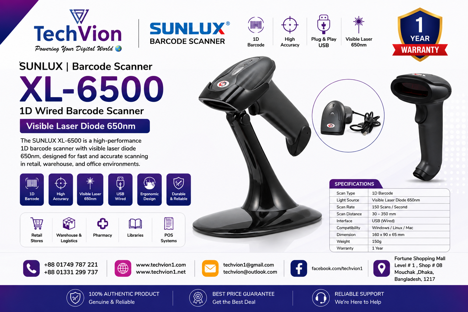 SUNLUX | Barcode Scanner | XL-6500 1D Wired Barcode Scanner | Visible laser diode 650nm | 1 Year Warranty