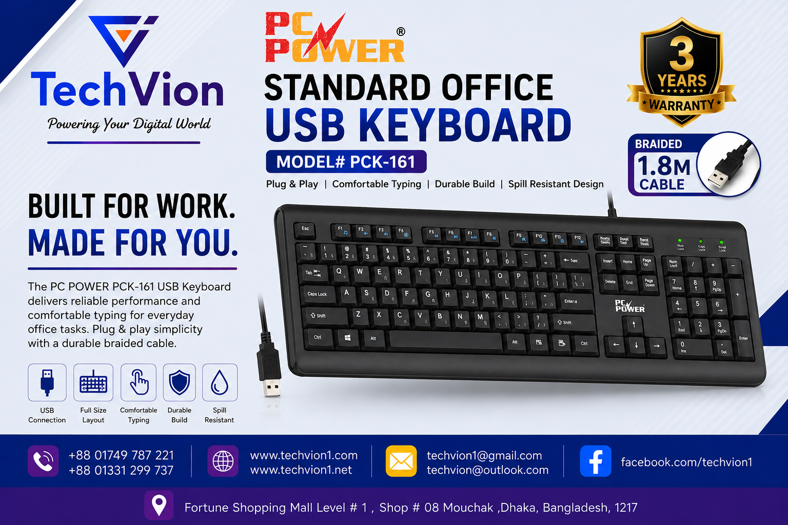 PC POWER | USB KEYBOARD | STANDARD OFFICE KEYBOARD | # PCK- 161 (BRAIDED 1.8M CABLE) | WARRANTY : 3 YEARS