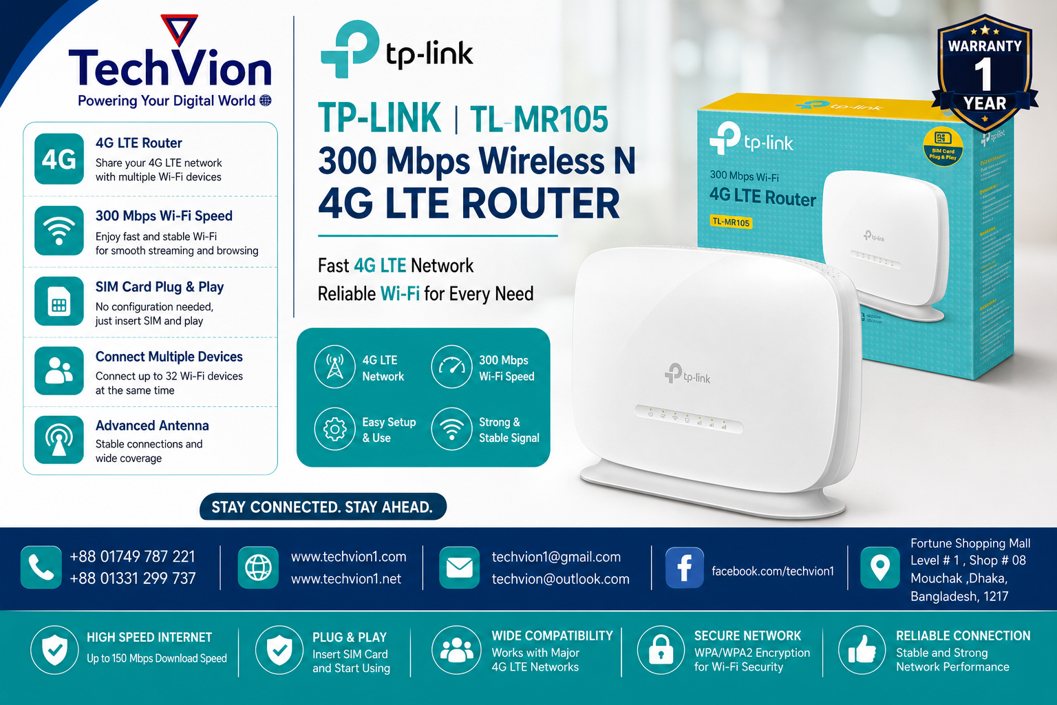 TP-Link | TL-MR105 | 300 Mbps Wireless N 4G LTE Router | WARRANTY : 1 YEARS