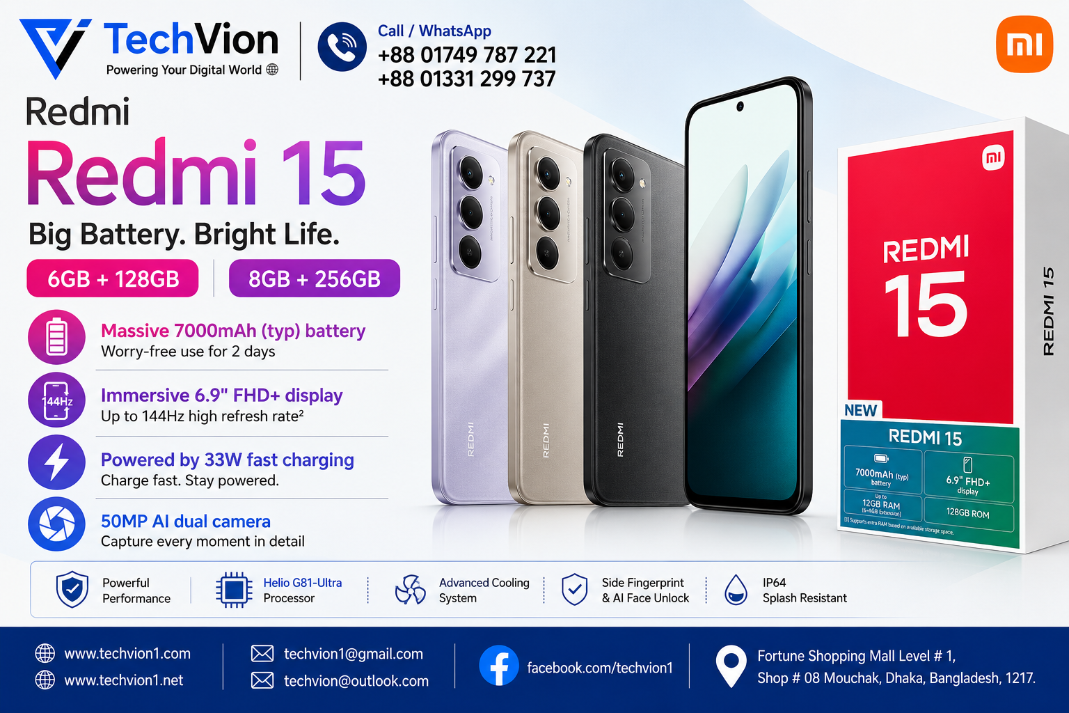 Redmi | Redmi 15 | 8GB + 256GB Massive 7000mAh (typ) battery Worry-free use for 2 days | Immersive 6.9" FHD+ display Up to 144Hz high refresh rate2 Powered by 33W fast charging