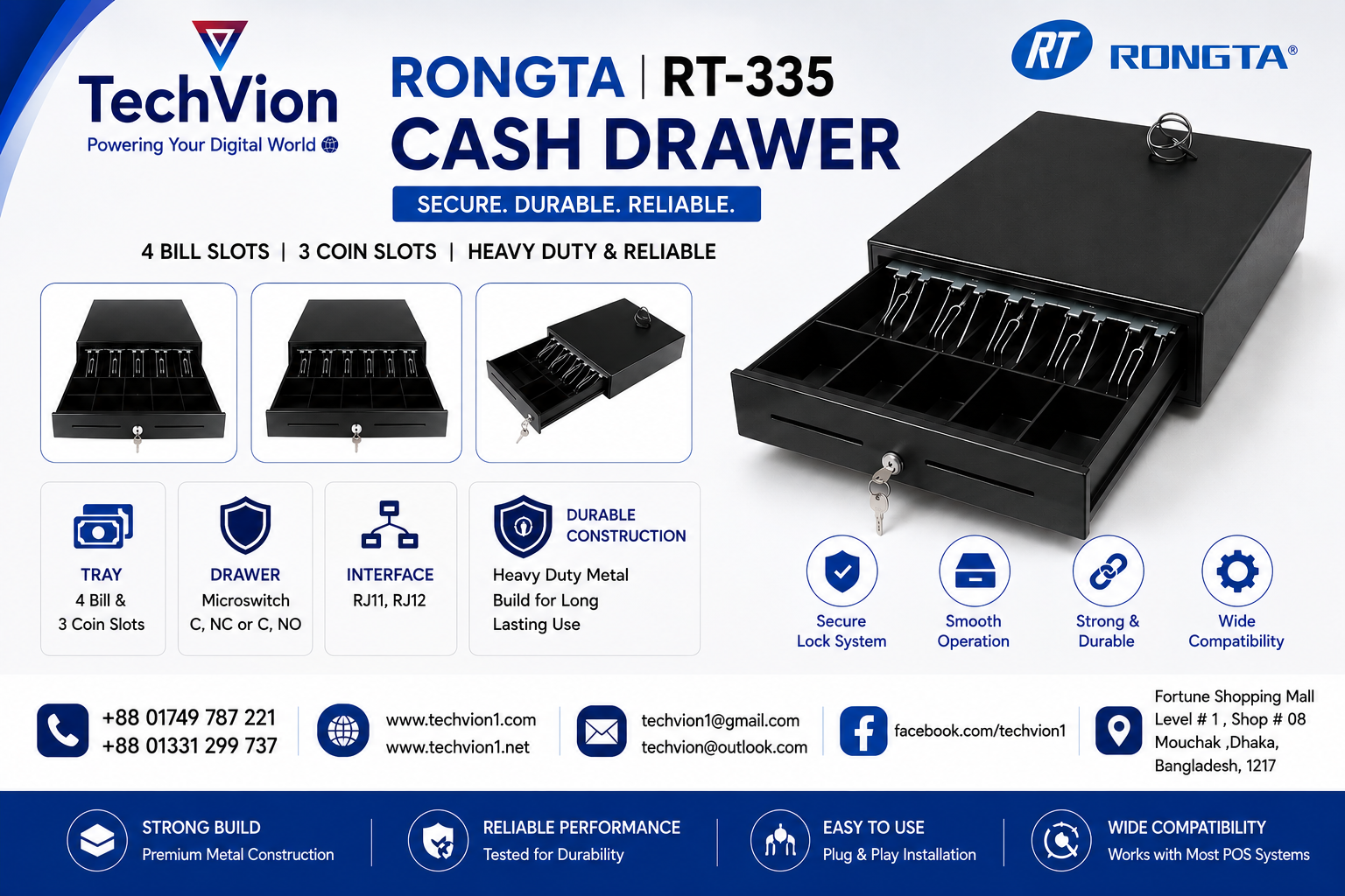 Rongta | Rongta RT-335 | Cash Drawer | Tray: 4 Bill & 3 Coin Slots Drawer: Microswitch C, NC or C, NO | Interface: RJ11, RJ12