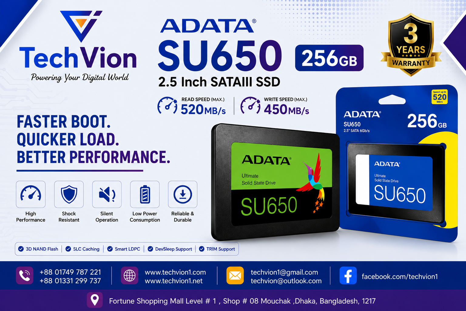 ADATA | SU650 256GB | 2.5 Inch SATAIII SSD | Read Speed (Max.) - 520MB/s Write Speed (Max.) - 450MB/s | WARRANTY : 3 YEARS