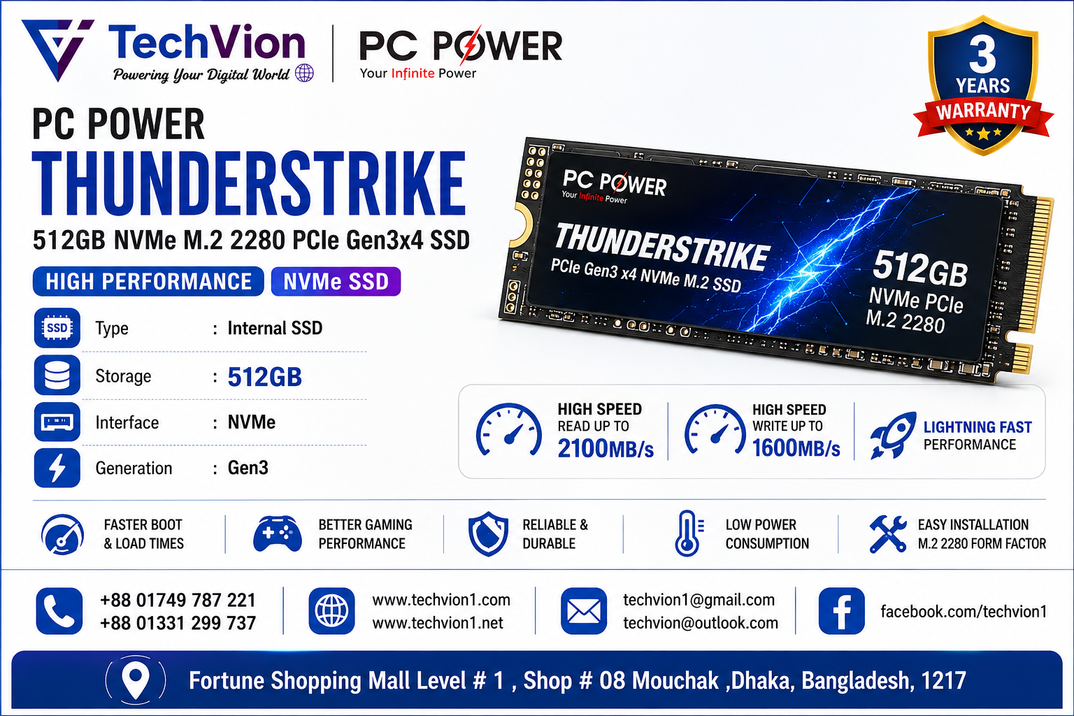 PC Power | PC Power Thunderstrike 512GB NVMe M.2 2280 PCIe Gen3x4 SSD | SSD NVMe