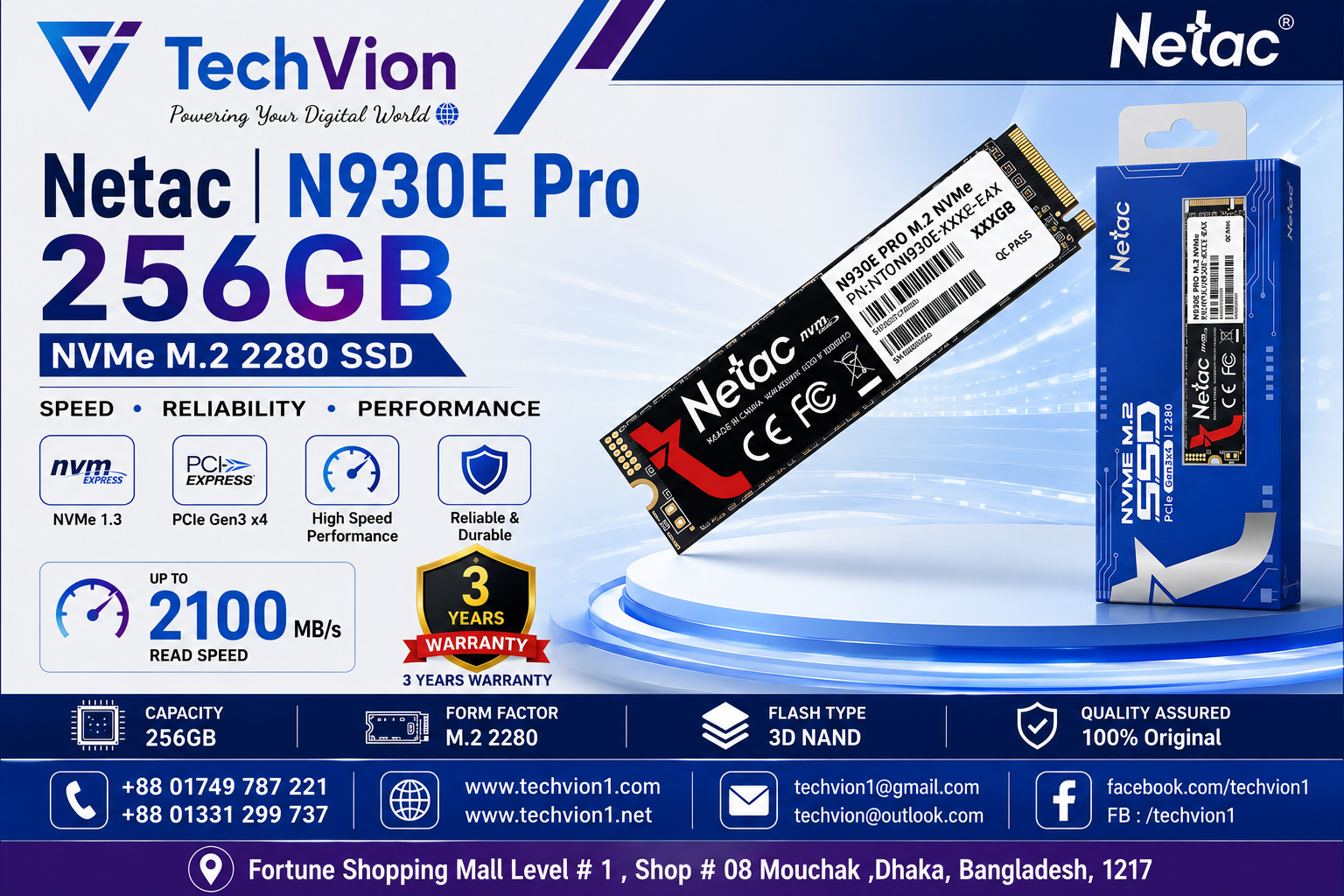 Netac | N930E Pro 256GB  | NVMe M.2 2280 SSD | WARRANTY : 3 years warranty