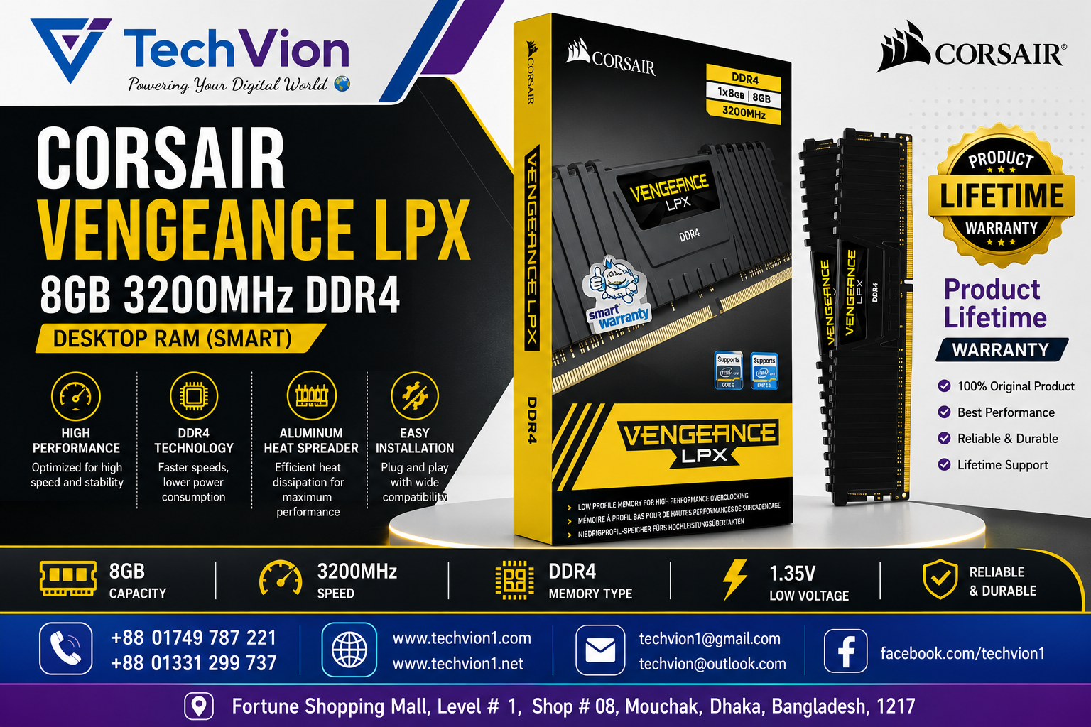 Corsair | Vengeance LPX 8GB 3200MHz DDR4 | Desktop RAM (Smart) | WARRANTY : Product Lifetime