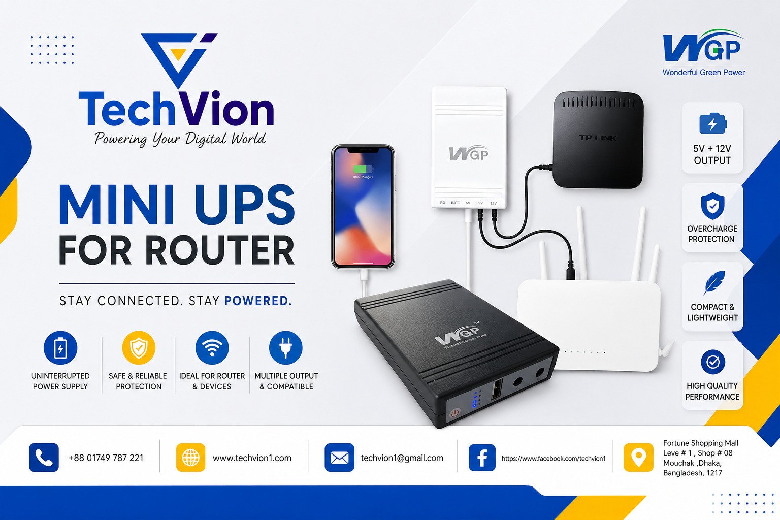 WGP | MINI UPS  |5V 12V 12 VOLT OUTPUT 10400MAH  FOR ROUTER, ONU, CC CAMERA BACKUP #  CSI/03 MONTHS