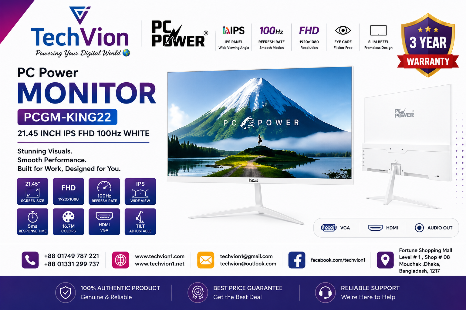 PC Power | MONITOR | PCGM-KING22 | 21.45 INCH IPS FHD 100Hz White | 3 Year Warranty