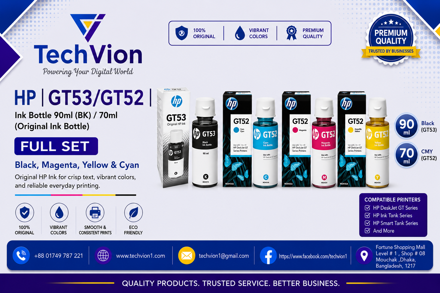 HP | GT53/GT52 | Ink Bottle 90ml (BK) / 70ml (Original Ink Bottle) Black, Magenta, Yellow & Cyan - FULL SET