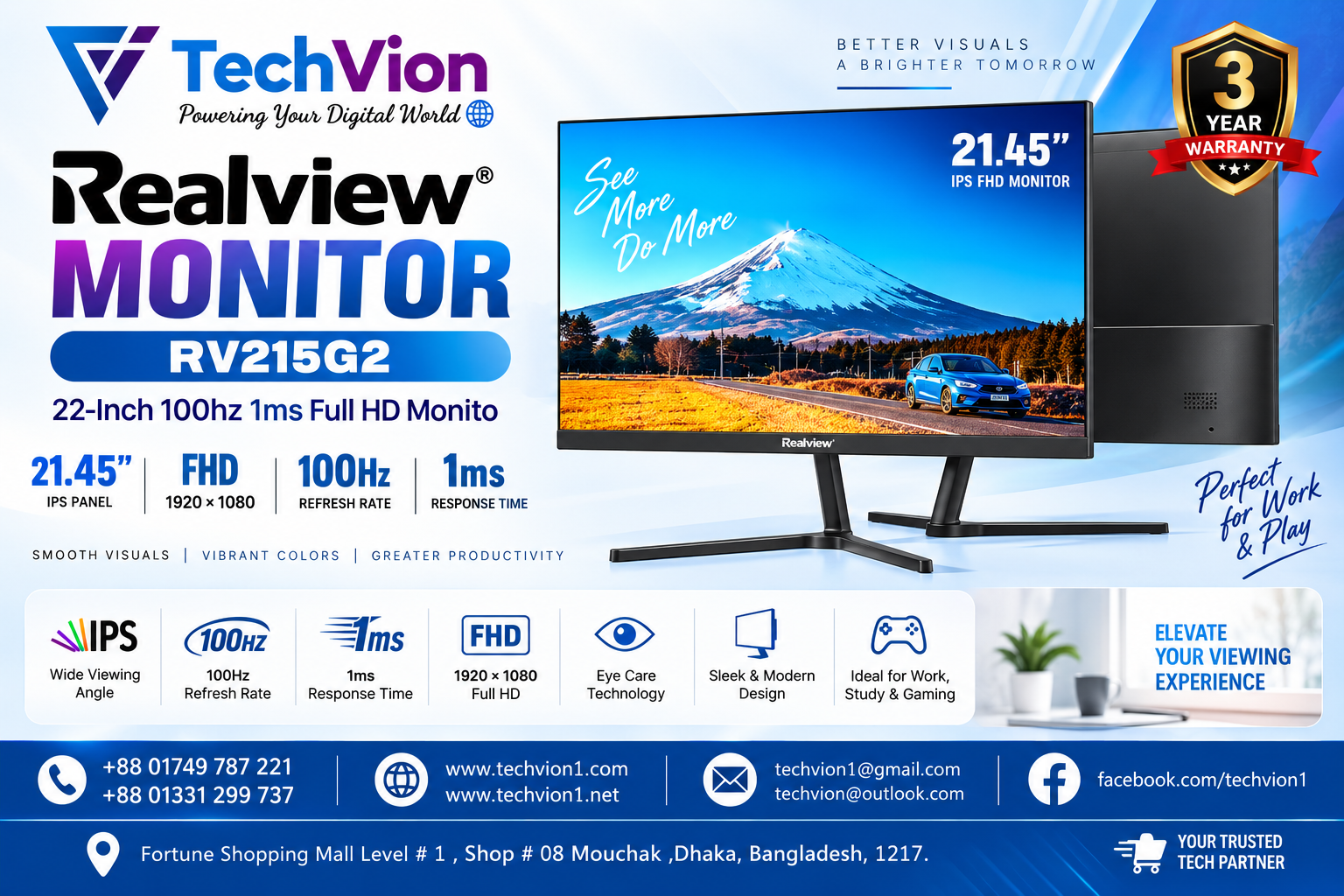 Realview | MONITOR | RV215G2 22-Inch 100hz 1ms Full HD Monito | 21.45 INCH IPS FHD 100Hz White | 3 Year Warranty