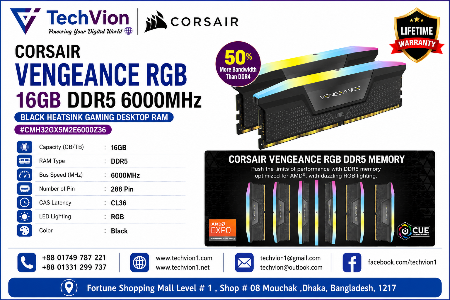 CORSAIR | Vengeance RGB 16GB DDR5 6000MHz Black Heatsink Gaming Desktop RAM #CMH32GX5M2E6000Z36