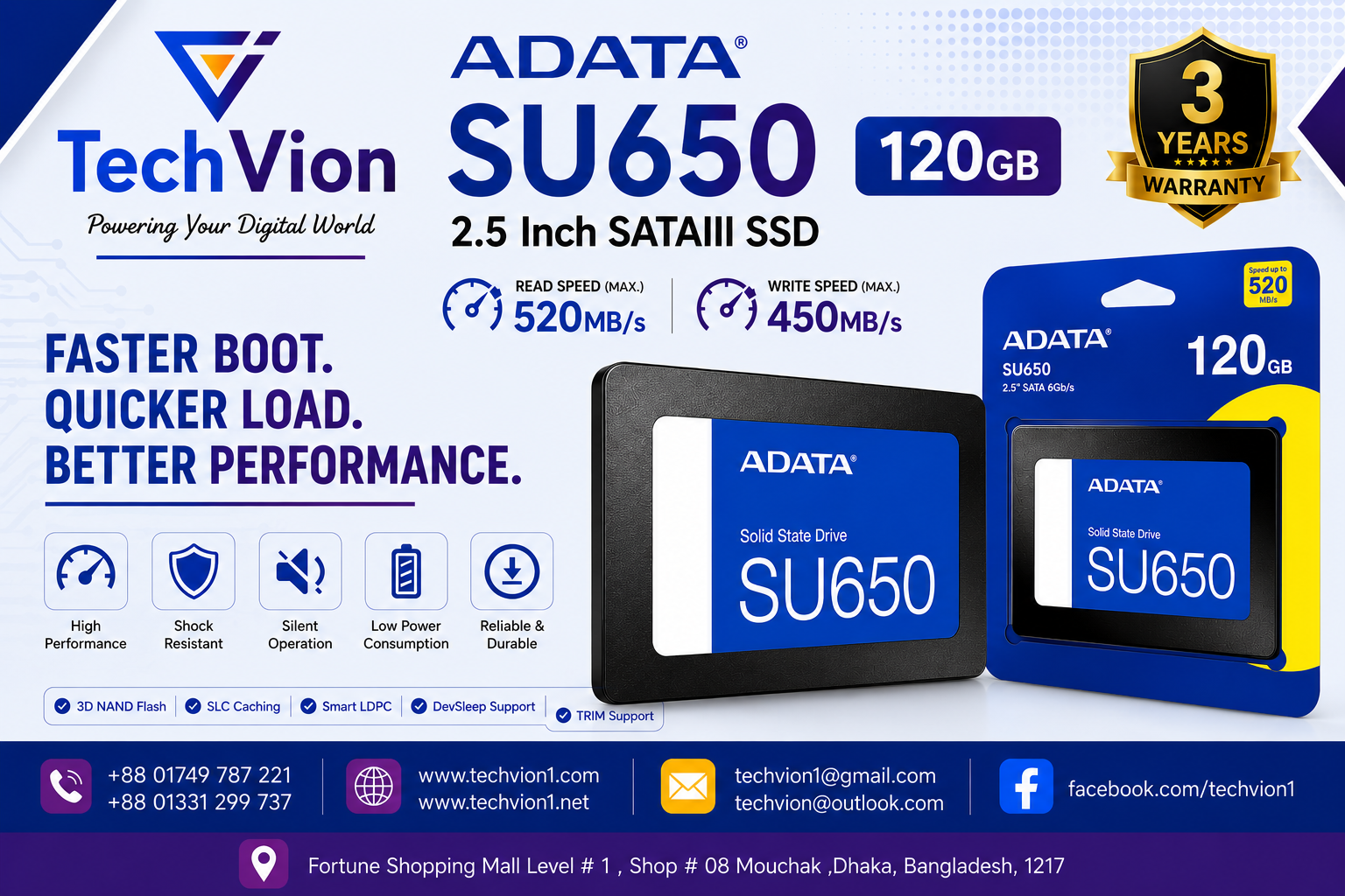 ADATA | SU650 120 GB | 2.5 Inch SATAIII SSD | Read Speed (Max.) - 520MB/s Write Speed (Max.) - 450MB/s | WARRANTY : 3 YEARS