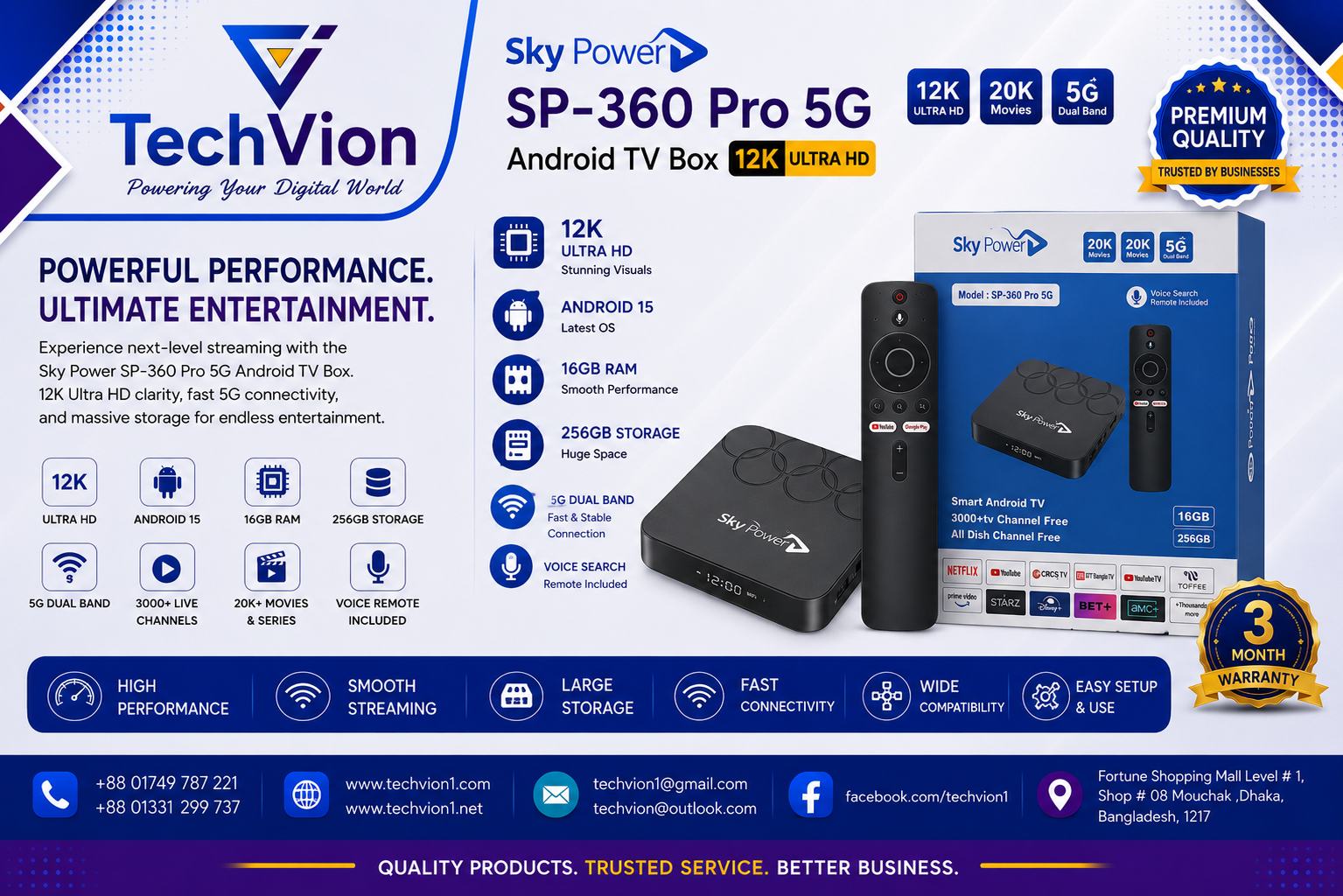 Sky Power | SP-360 Pro 5G | Android Tv box 12K | 12k ULTRA HD 16GB ram 256 GB Storage Android 15 | WARRANTY : 3 Month