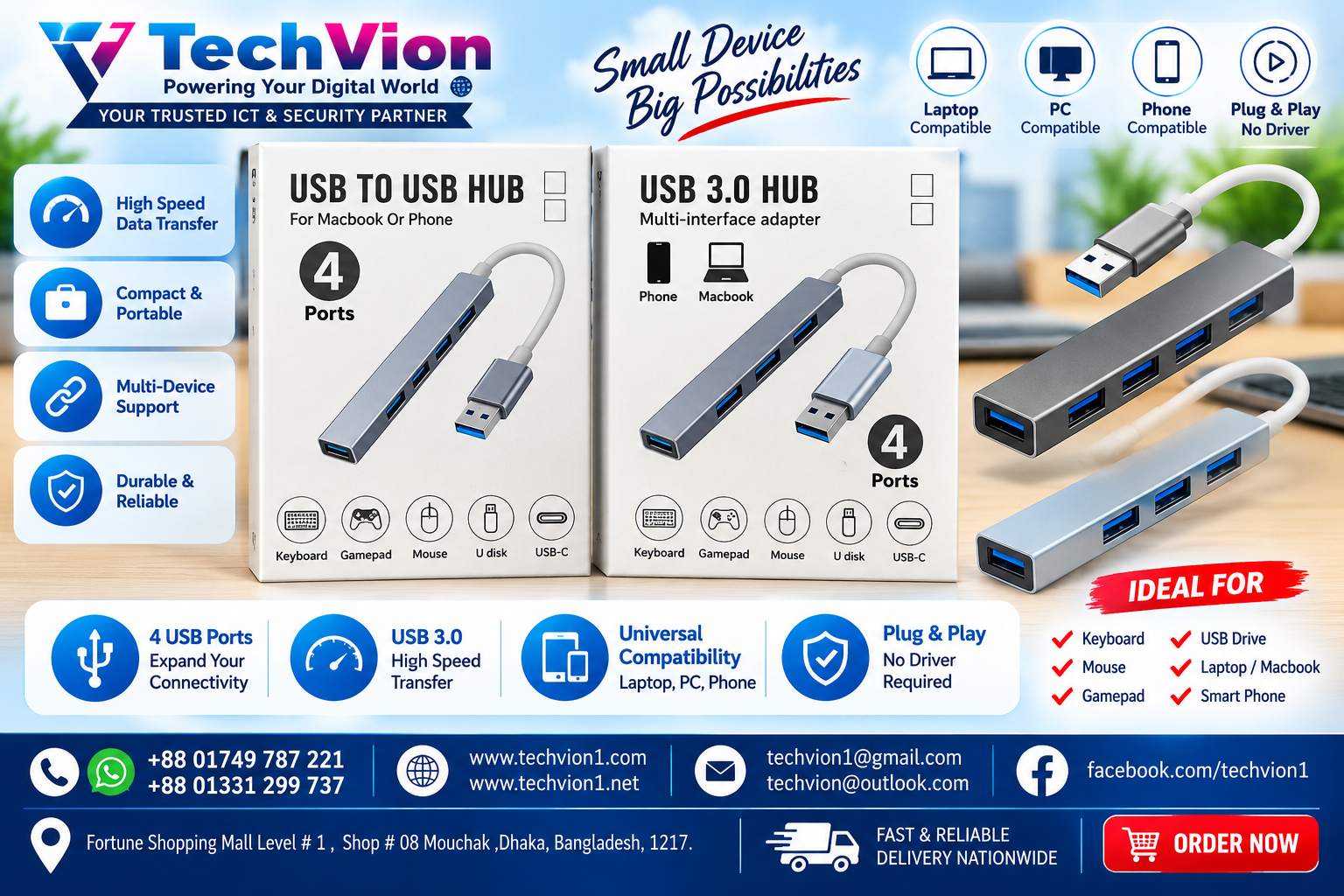 USB+TYPE C TO USB HUB 4 POT ALUMINUM ALLOW ULTRA SLIM (SILVER )# C-809