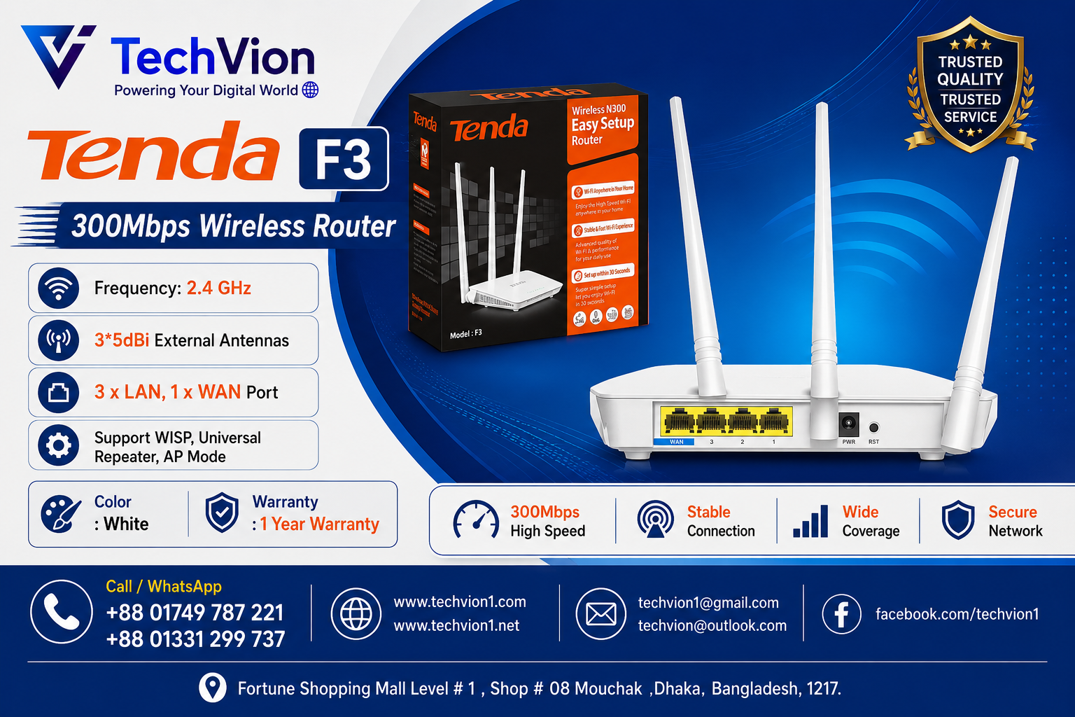 Tenda | F3 | 300mbps Wireless Router Frequency: 2.4 GHz 3*5dBi external antennas 3 x LAN, 1 x WAN Port