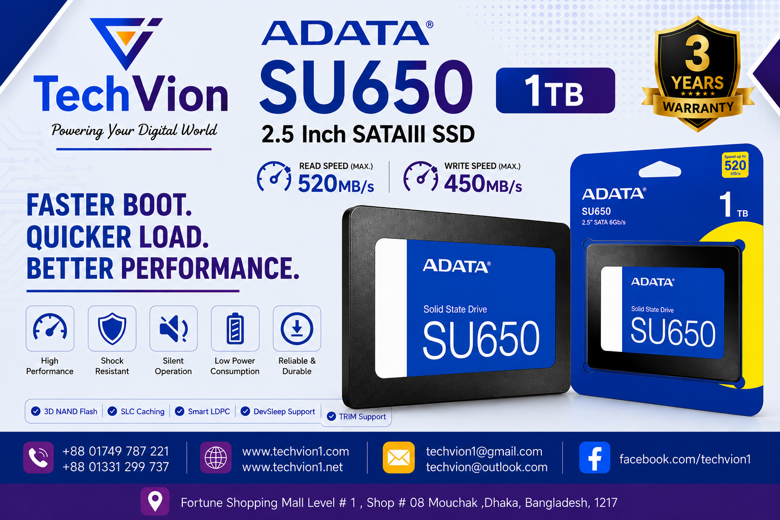 ADATA | SU650 1TB | 2.5 Inch SATAIII SSD | Read Speed (Max.) - 520MB/s Write Speed (Max.) - 450MB/s | WARRANTY : 3 YEARS