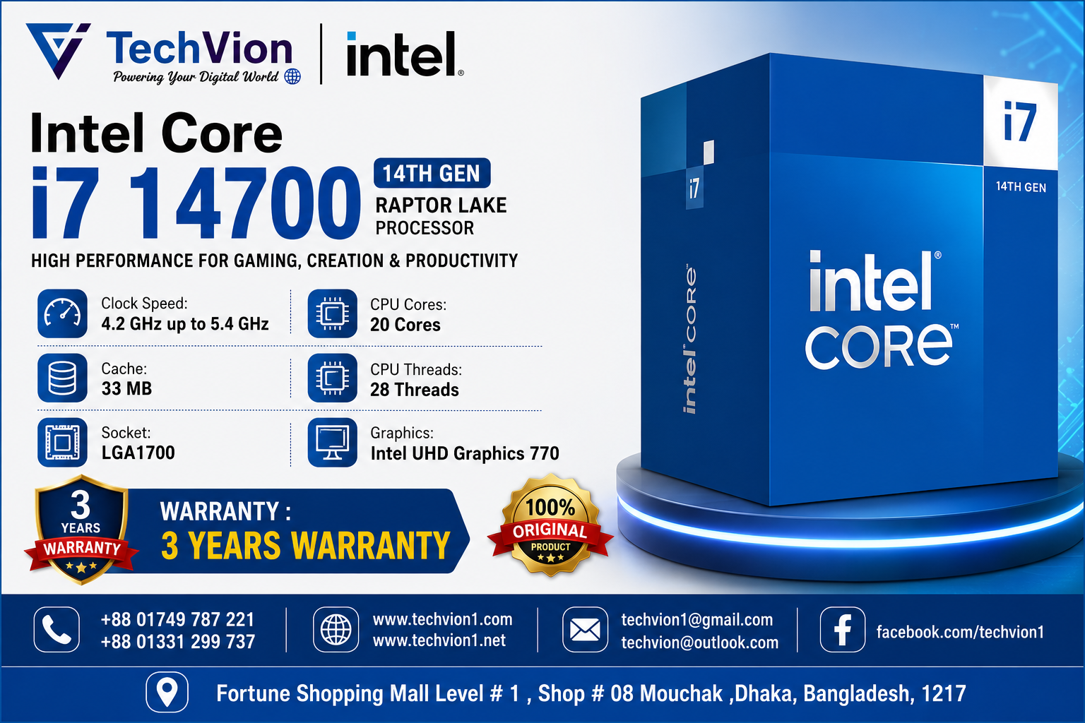 Intel | Core i7 14700 14th Gen Raptor Lake Processor | Processor | lock Speed: 4.2 GHz up to 5.4 GHz