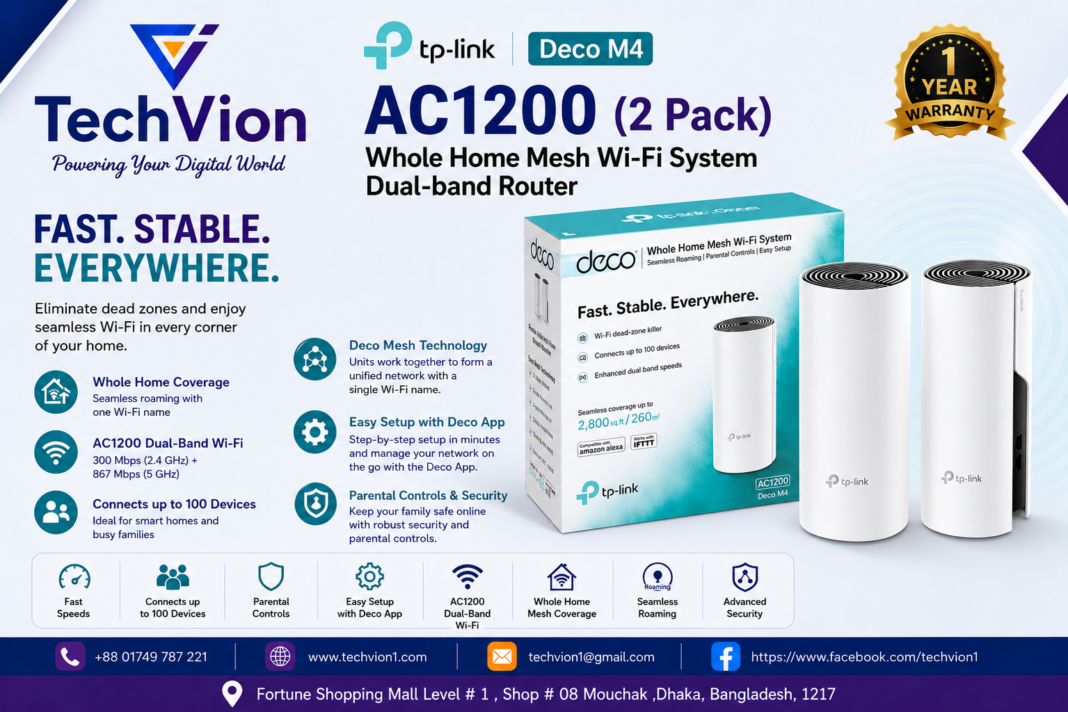 TP-Link | Deco M4 | AC1200 (2 Pack) Whole Home Mesh Wi-Fi System Dual-band Router